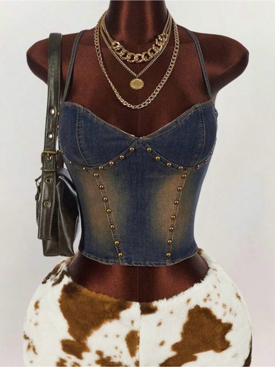 Tops - Denim Studded Corset Top in Dark Blue